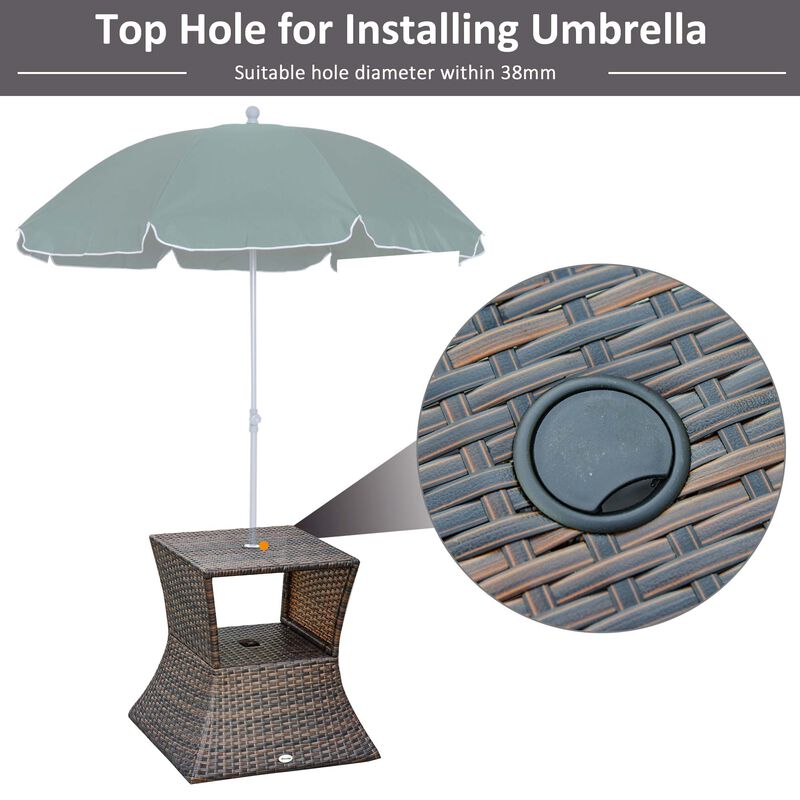 Mixed Brown Garden Table: 2-Tier Rattan Wicker Side Table with Umbrella Hole