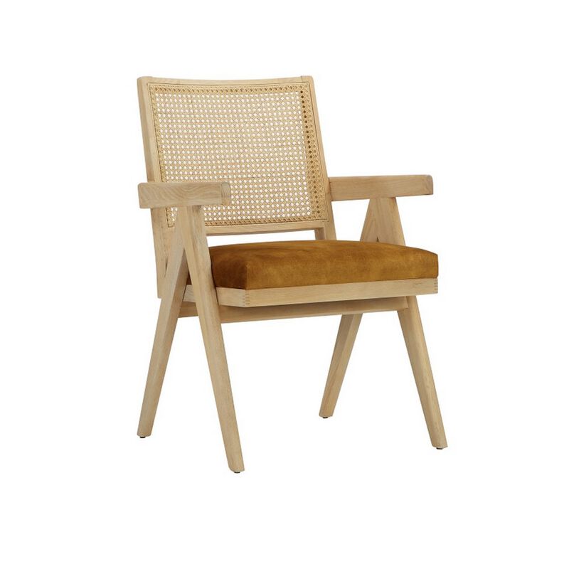 Isha 24 Inch Armchair with Cane Back, Gold Brown Velvet, Brown Wood Frame - Benzara