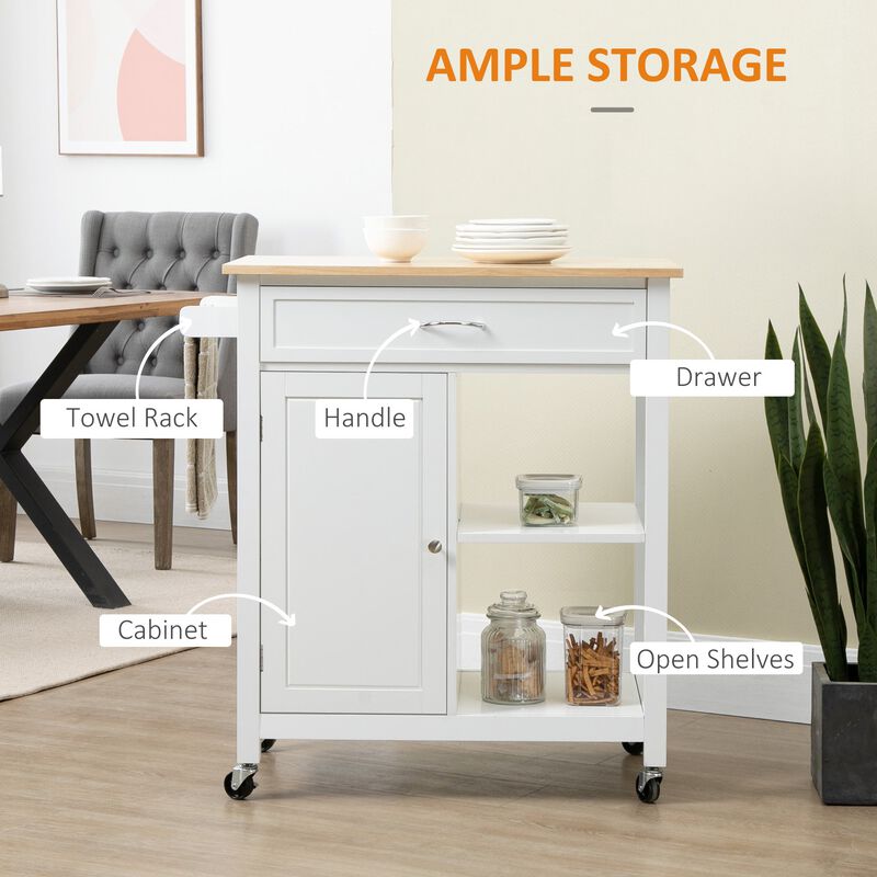 White Kitchen Helper: Rolling Island with Open Shelf & Drawer