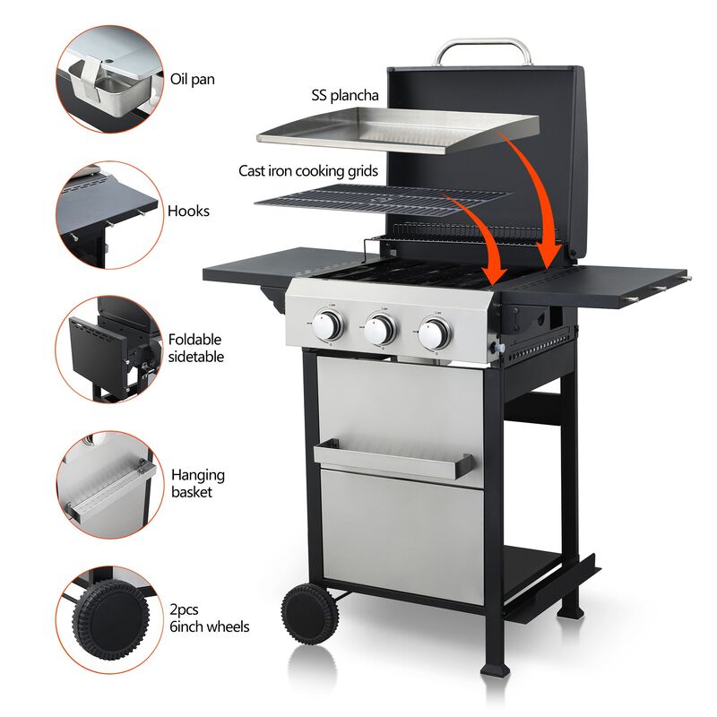 MONDAWE 3-Burner Propane Gas BBQ Grill, SS Plancha, 36900BTU Output With Wire Enamel Cooking Grids For Outdoor Barbecue, Foldable Side Table, Hanging Basket, Stainless Steel