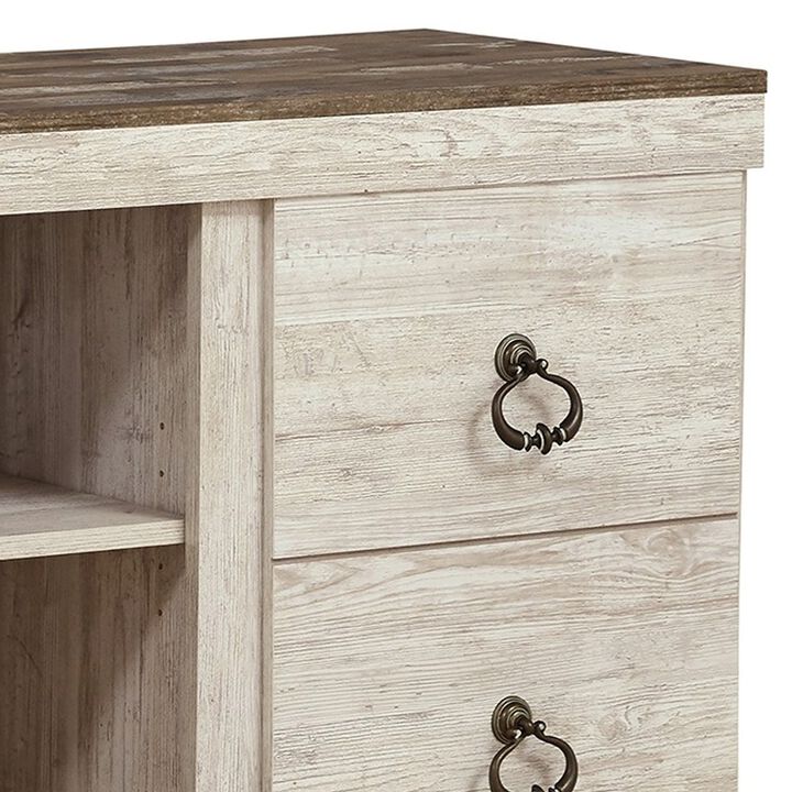 60 Inch Rustic TV Media Entertainment Console, Round Handles, Wood, White-Benzara