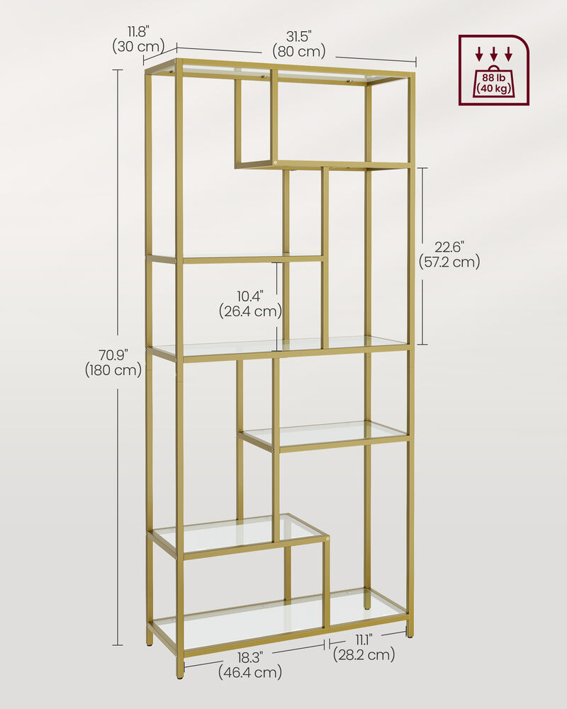 6-Tier Tall Bookshelf with Tempered Glass Shelves