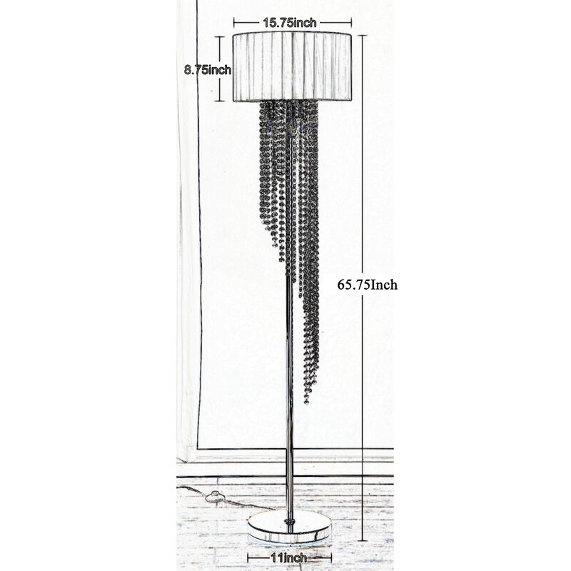 Mero Floor Lamp, Suspended Crystal Rain Chains, White Shade, 66 Inch  - Benzara