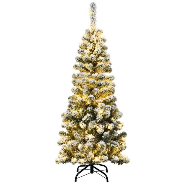 Hivvago 4.5 Feet Pre-Lit Snow Flocked Pencil Christmas Tree with 150 LED Light