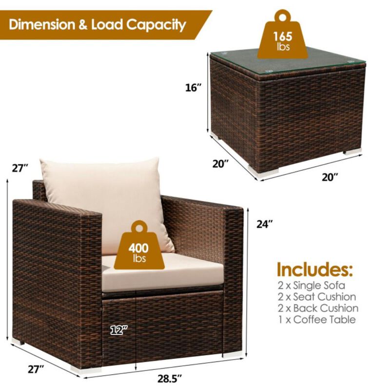 Hivvago 3 Pieces Patio Conversation Rattan Furniture Set with Cushion