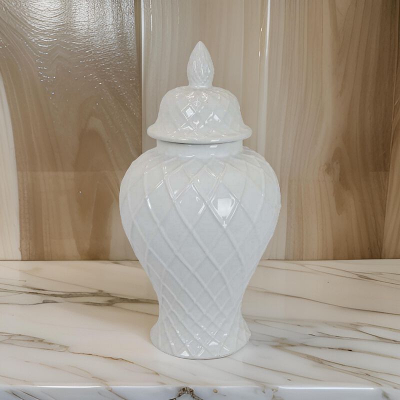 Livie 20 Inch Temple Ginger Jar, Geometric Design, Dome Lid, Ceramic, White - Benzara