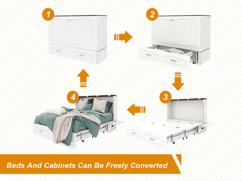 Murphy Bed Cabinet,Murphy Bed Queen with USB and Charging Ports, Murphy Bed Cabinet with Drawer Includes Storage Cabinet,White Cabinet Bed  for Guest Room