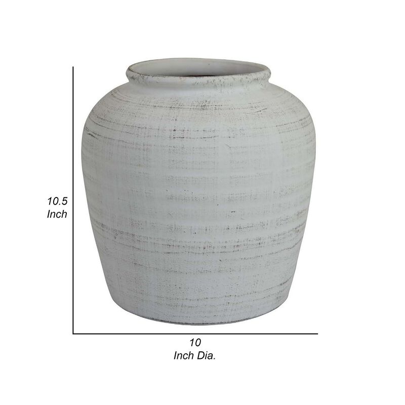 Gri 11 Inch Vase, Baluster Shape, Distressed White, Transitional Style - Benzara