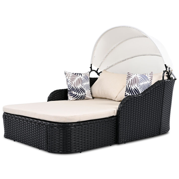 Whisen Outdoor Sunbed with Adjustable Canopy, Double lounge, PE Rattan Daybed