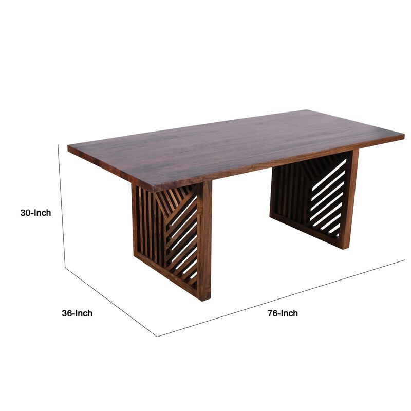 Rise 76 Inch Dining Table, Rectangular Top, Patterned Base, Brown Wood - Benzara