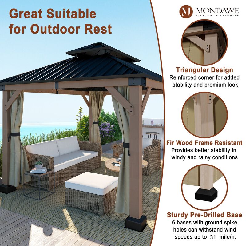 Mondawe Beverly Hills 10 ft. x 12 ft. Outdoor Fir Solid Wood Frame Patio Gazebo Canopy Shelter Galvanized Steel Hardtop Curtain