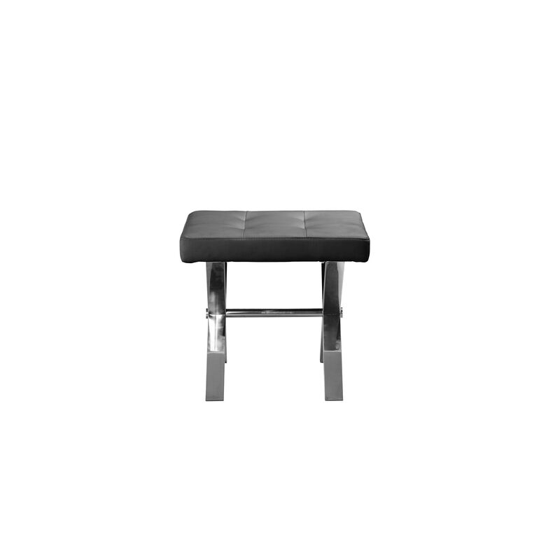 Tia 20 Inch Accent Stool Ottoman, Black Faux Leather, Polished Chrome Legs - Benzara