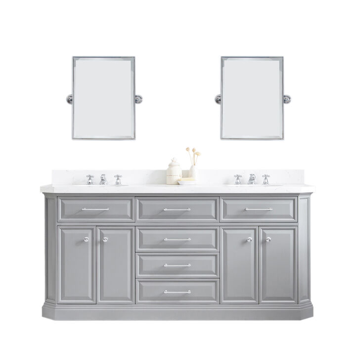 Palace 72 In. Double Sink Carrara Quartz Countertop Bath Vanity in Cashmere Grey with Chrome Hardware and Rectangular Pivot Mirrors