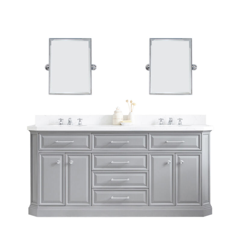 Palace 72 In. Double Sink Carrara Quartz Countertop Bath Vanity in Cashmere Grey with Chrome Hardware and Rectangular Pivot Mirrors