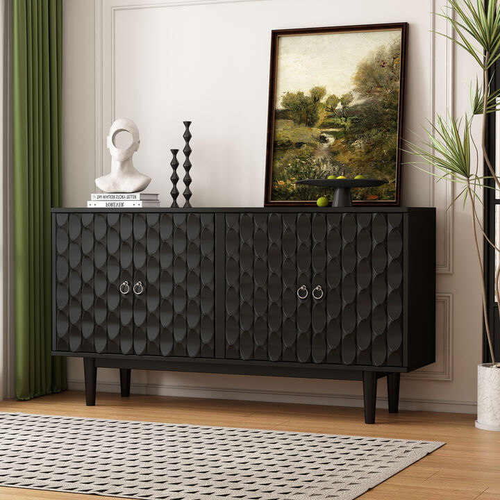 Clihome Modern 4-door Sideboard with Convex Pattern Doors and 2 Silver Handle for Living Room, Dining Room, Kitchen (Black)