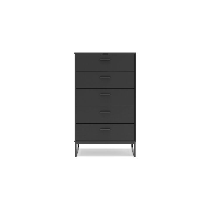 Alli Tall Dresser Chest, 5 Drawers, Matte Black, Metal Base, 51 Inch - Benzara