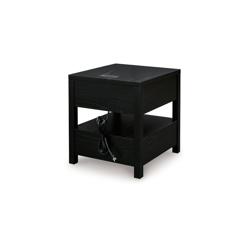 Wendy Side End Table, Open Cubby, Dual USB Ports, 24 Inch Black Wood - Benzara