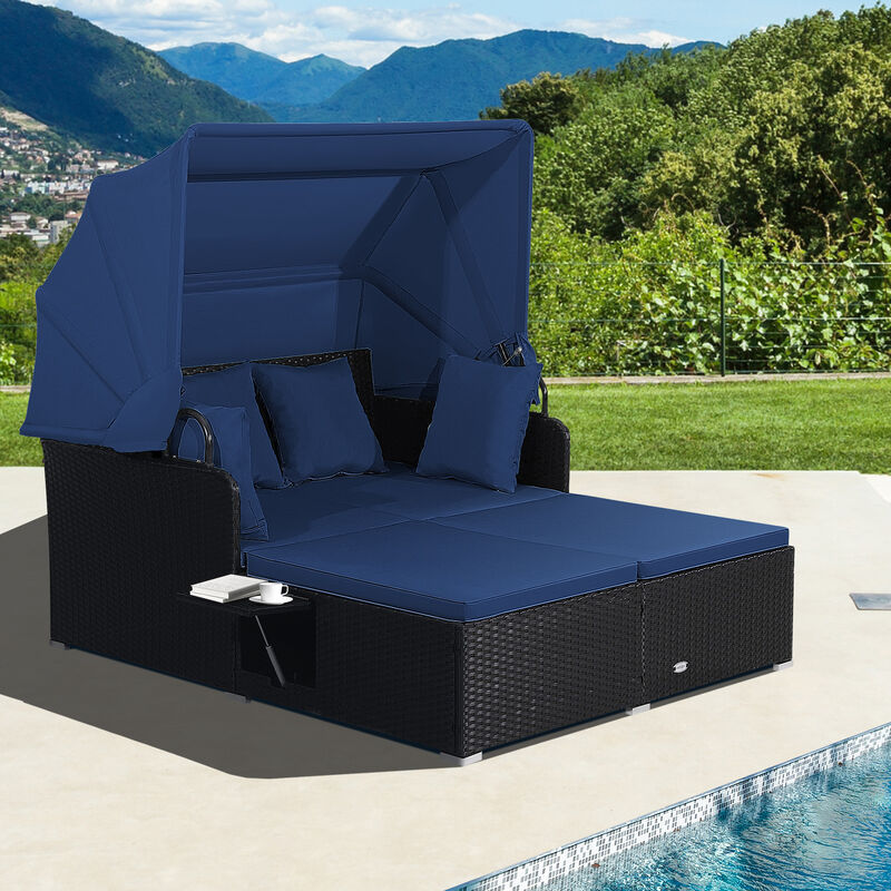 Patio Rattan Daybed with Retractable Canopy and Side Tables