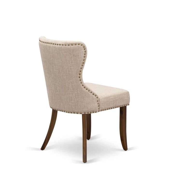 East West Furniture - Set of 2 - Wood Chairs- Upholstered Dining Chairs Includes Antique Walnut Hardwood Frame with Light Tan Linen Fabric Seat with Nail Head and Button Tufted Back