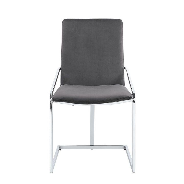23 Inch Side Dining Chair Set of 2, Gray Velvet, Modern Chrome Metal Base - Benzara