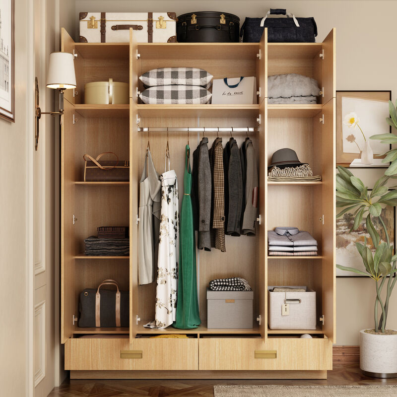 FUFU&GAGA Natural Wood 4-Door Wardrobe, MDF & Rubberwood Construction (63" W x 66.9" H x 18.1" D), Natural Wood Finish