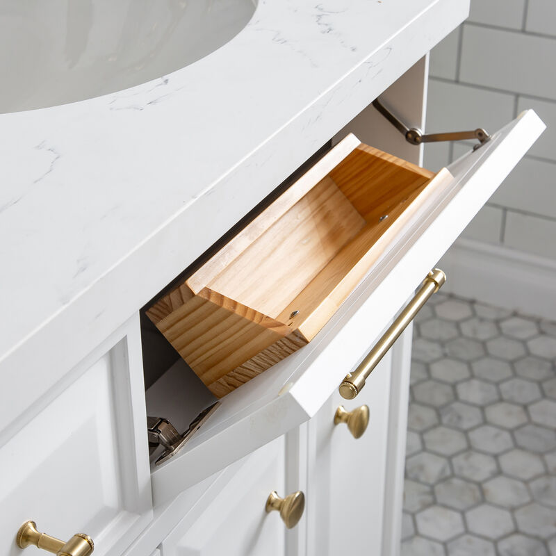 Palace 60 In. Double Sink Carrara Quartz Countertop Bath Vanity in Pure White with Satin Gold Hardware