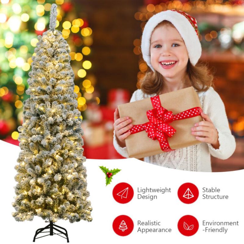 Hivvago 6 Feet Pre-lit Snow Flocked Artificial Pencil Christmas Tree with 250 LED Lights