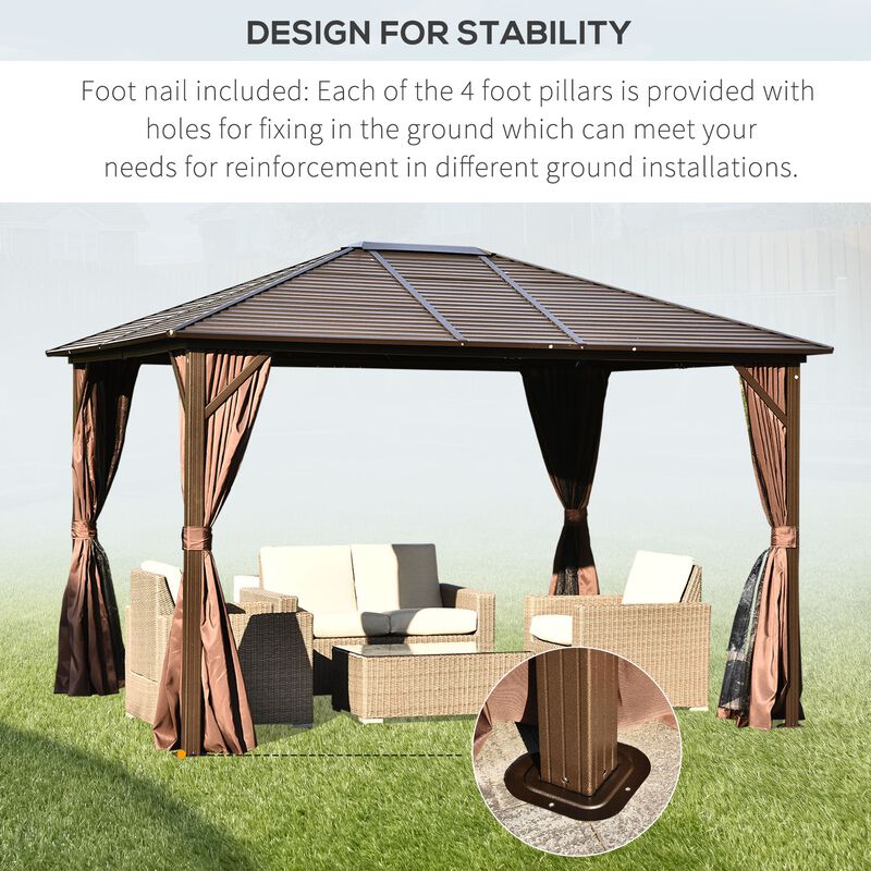 Enduring Garden Sanctuary: 10'x12' Brown-Roofed Metal Gazebo with Netting