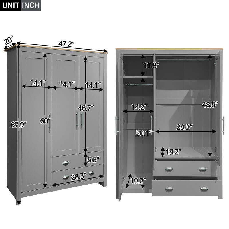Merax Storage Wardrobe with Cabinets and 2 Hanging Rods