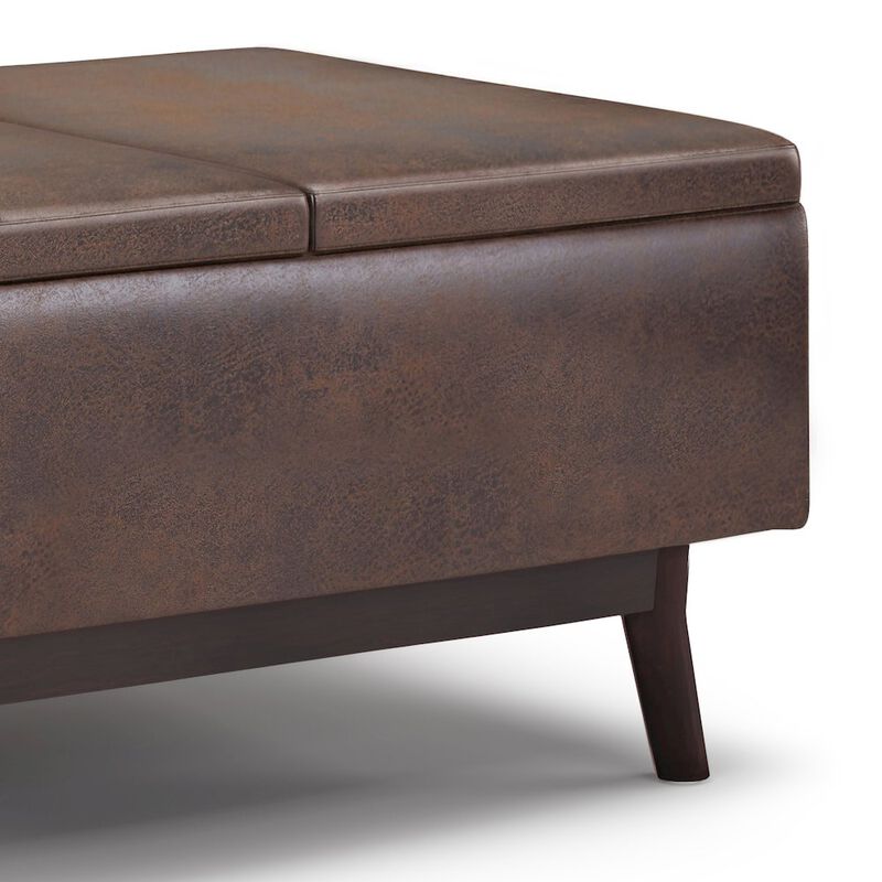 Simpli Home Small Coffee Table Storage Ottoman In Distressed Chestnut Brown Faux Leather