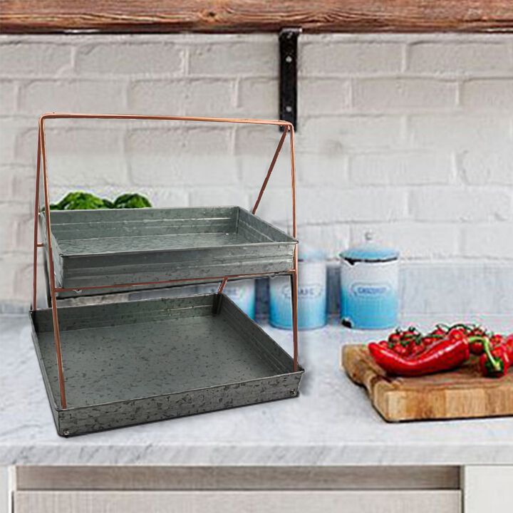Galvanized Metal 2 Tiered Rectangular Serving Tray, Gray-Benzara