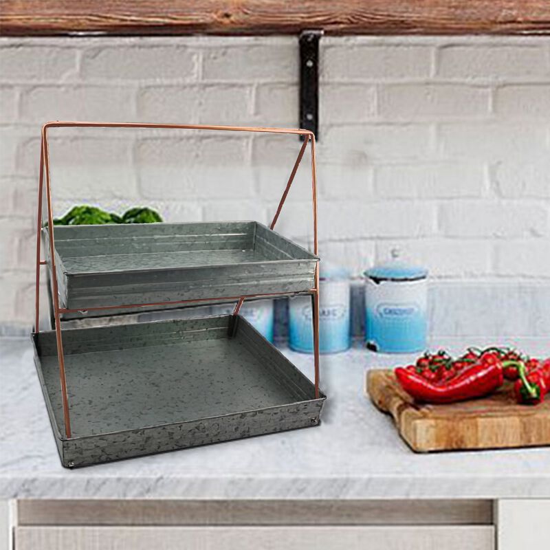Galvanized Metal 2 Tiered Rectangular Serving Tray, Gray-Benzara