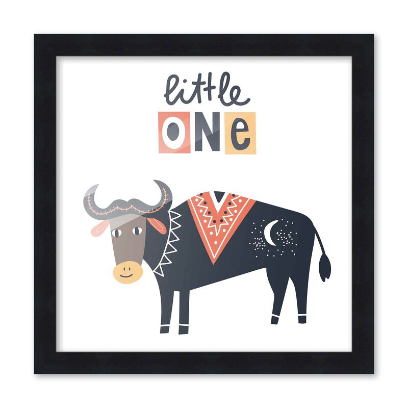 10x10 Framed Nursery Wall Art Little One Bull Poster In Black Wood Frame For Kid Bedroom or Playroom