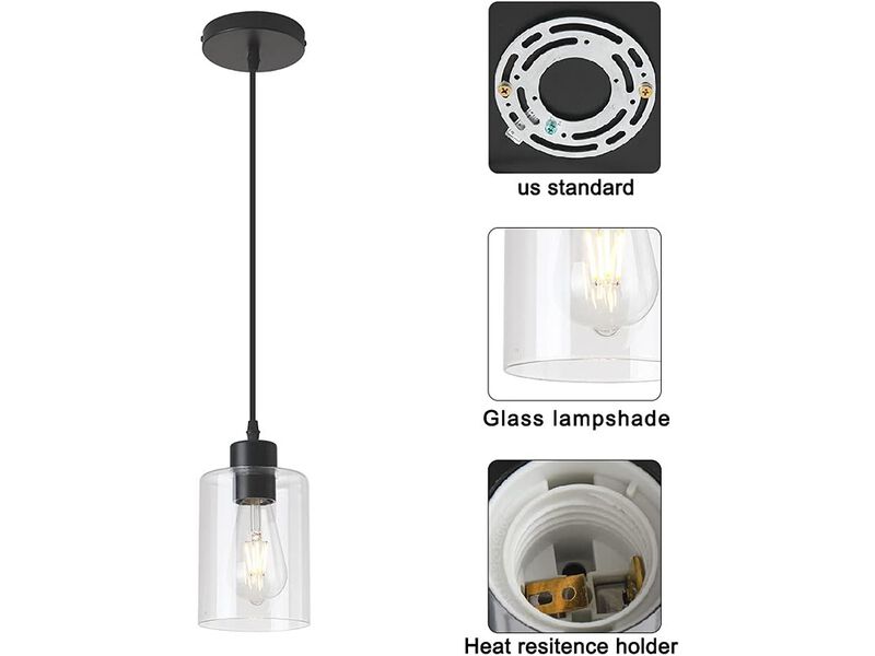 KLSS Modern Black Farmhouse Clear Glass Cylinder Pendant Light Fixture 2 Pack