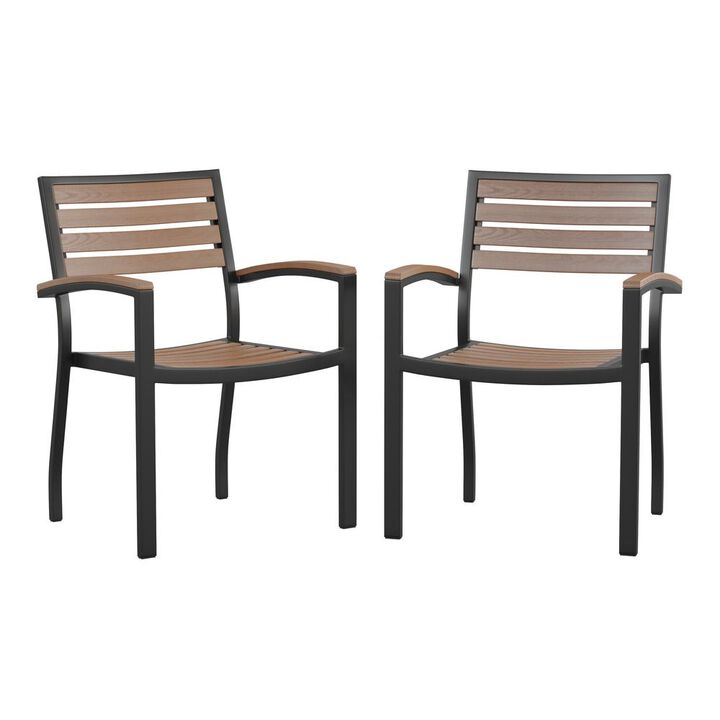 Flash Furniture Outdoor Stackable Faux Teak Side Chair - Commercial Grade Black Aluminum Patio Chair with Synthetic Teak Slats - Set of 2