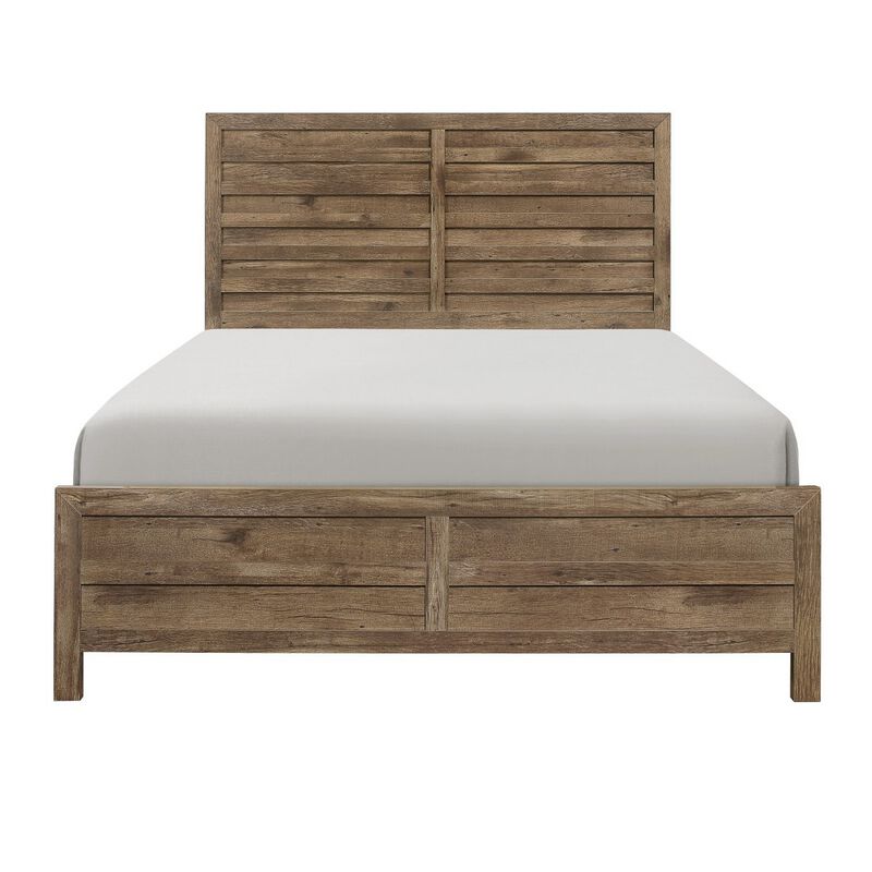 Zane Transitional Queen Bed, Wood Plank Design, Weathered Pine Veneer-Benzara