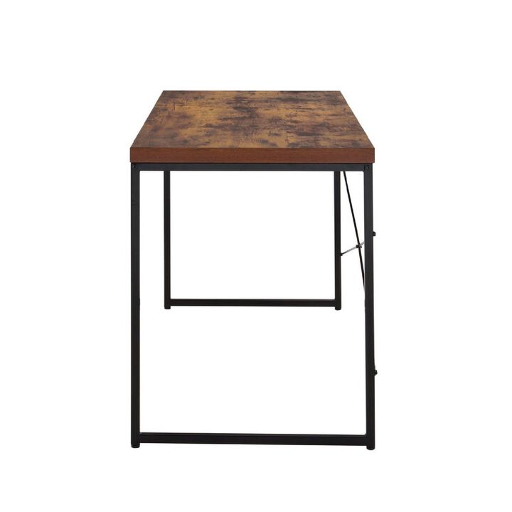 Rectangular Wooden Desk With Metal Base, Weathered Oak Brown And Black-Benzara