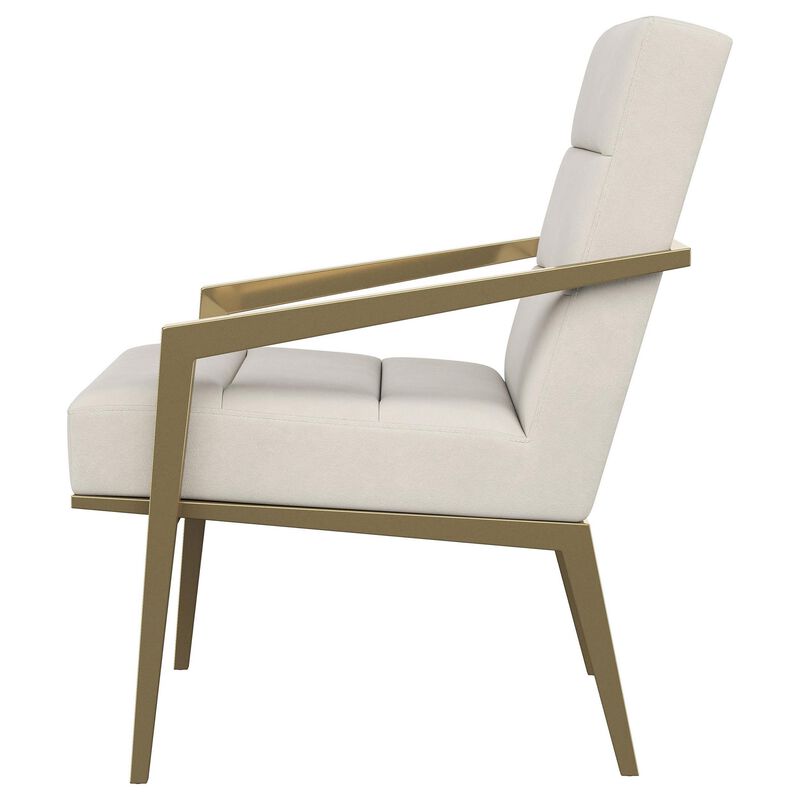Kiara Accent Chair, Channel Tufted Cream Fabric, Gold Metal Frame - Benzara