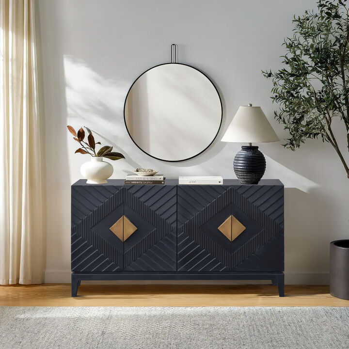 55 Inch Sideboard Buffet Console with 2 Door Cabinet, Brass Coated Diamond Cut Handles, Matte Black Mango Wood - Benzara