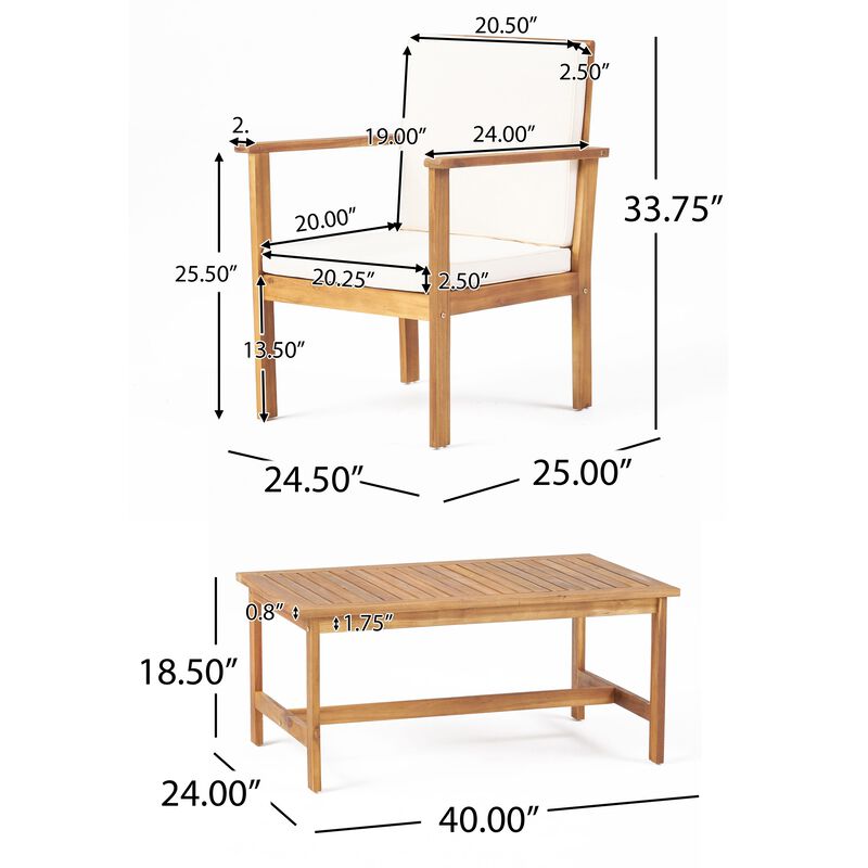 3pc Set with 2 Outdoor Club Chairs and Coffee Table in Acacia Wood - Benzara