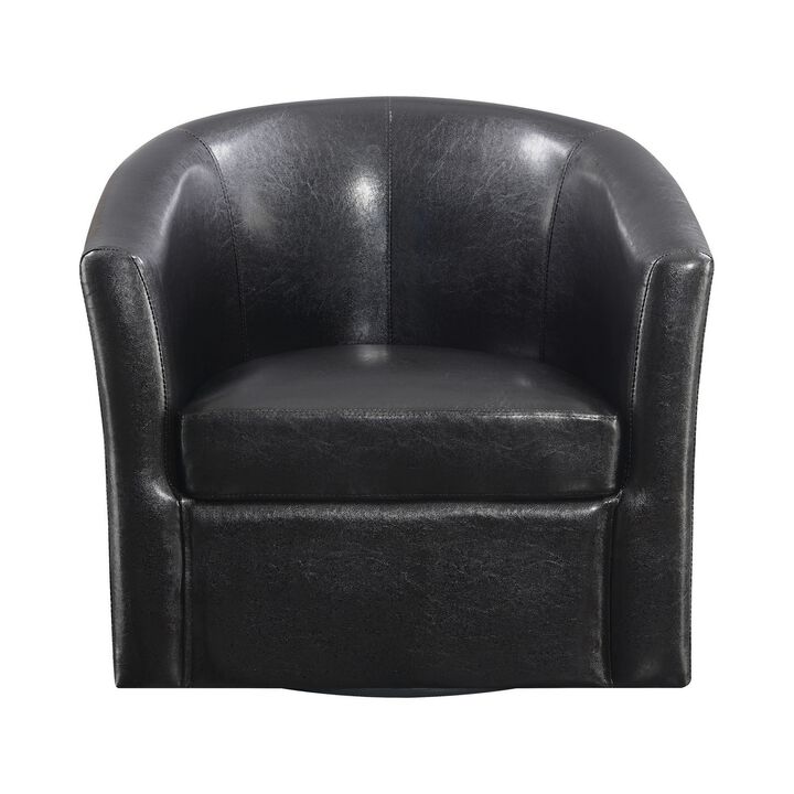 30 Inch Swivel Accent Chair, Barrel Back, Sloped Arms, Brown Faux Leather-Benzara
