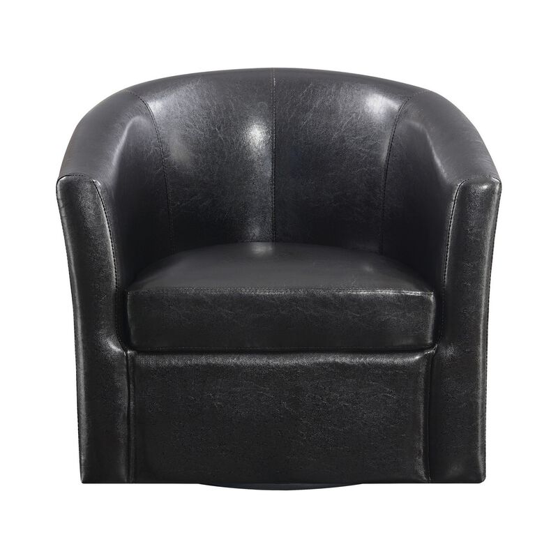 30 Inch Swivel Accent Chair, Barrel Back, Sloped Arms, Brown Faux Leather-Benzara