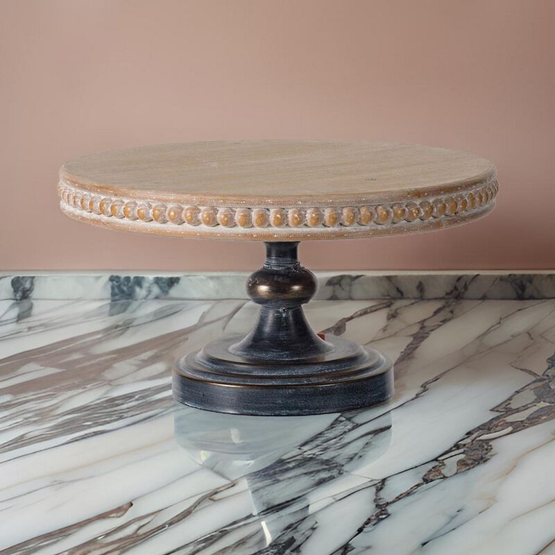 Marrie 14 Inch Round Decorative Tray, Black Iron Padestal Base, Wood Top - Benzara