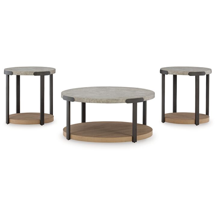 Hein 3pc Coffee n End Table Set, Gray Round Top w Shelf and Wheels - Benzara