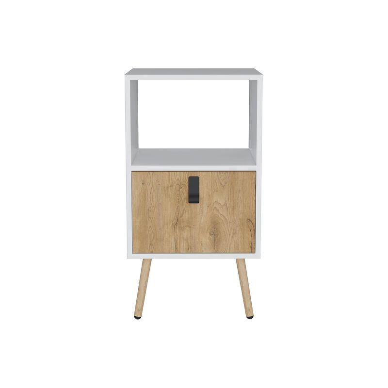 Huna Tall Nightstand with Open Storage and Drawer in Modern Design-White / Macadamia