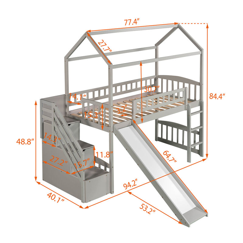 Twin Loft Bed With Two Drawers And Slide, House Bed With Slide