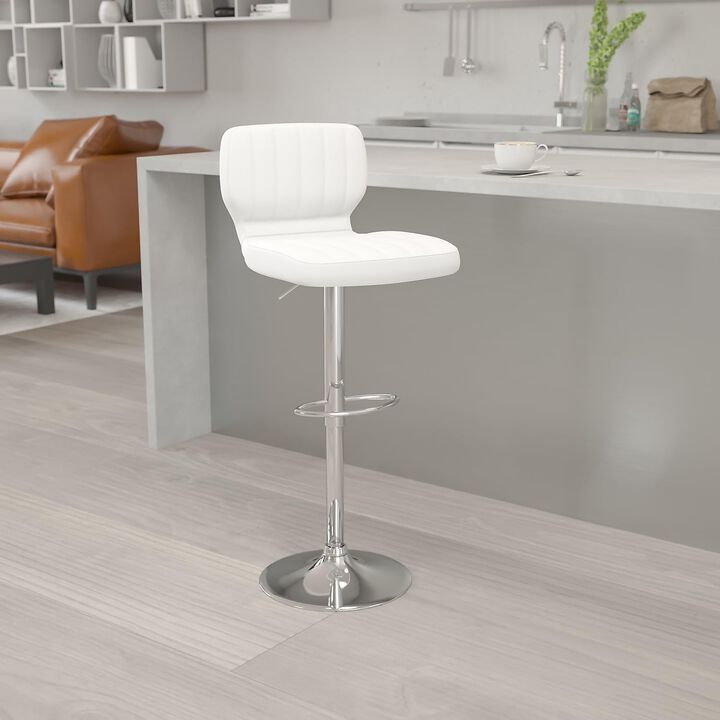Flash Furniture Jeremy Contemporary White Vinyl Adjustable Height Barstool with Vertical Stitch Back and Chrome Base