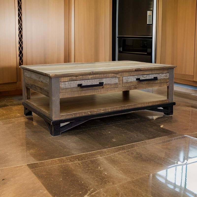 Peya 50 Inch 4 Drawer Coffee Table, Shelf, Distressed Gray, Brown Pine Wood-Benzara