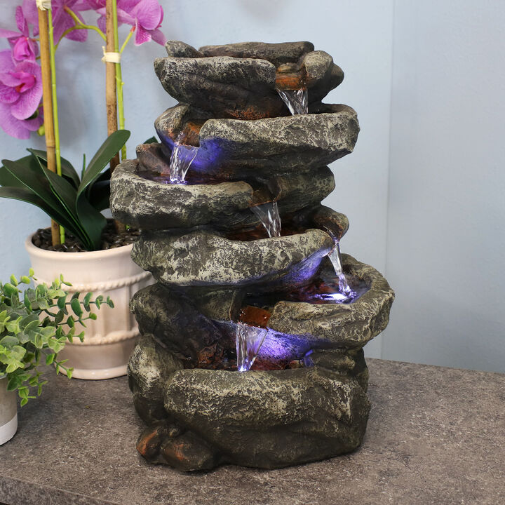 Sunnydaze Stone Falls Polyresin 6-Tier Indoor Fountain with LED - 15 in