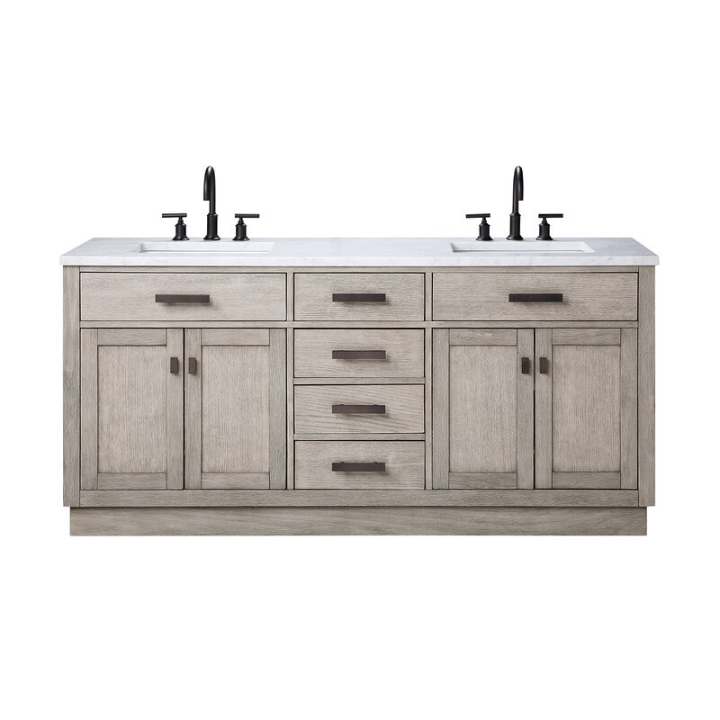 Chestnut 72 In. Double Sink Carrara White Marble Countertop Bath Vanity In Grey Oak with Oil Rubbed Bronze Hardware